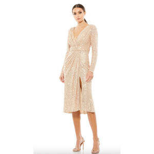 MAC DUGGAL Dress Size 4 Evening Gown Sequin Midi NEW Cream Rose Gold V Neck